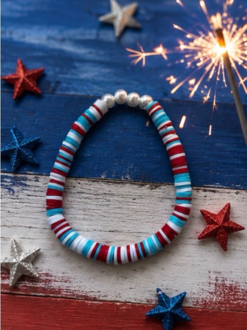 K Red, White & Blue Beaded Stretch Bracelet With Pearls